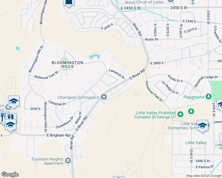 map of restaurants, bars, coffee shops, grocery stores, and more near River Road in Saint George
