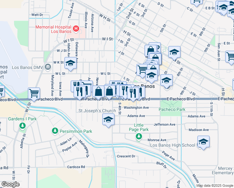 map of restaurants, bars, coffee shops, grocery stores, and more near 1267 4th Street in Los Banos