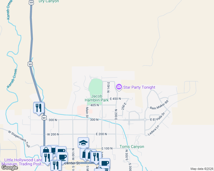 map of restaurants, bars, coffee shops, grocery stores, and more near 565 North 140 East in Kanab