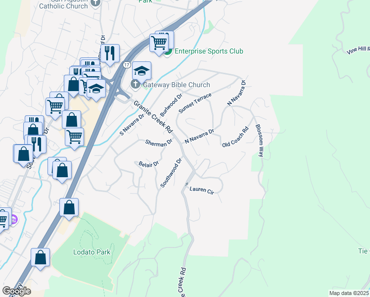 map of restaurants, bars, coffee shops, grocery stores, and more near 2938 Granite Creek Road in Scotts Valley