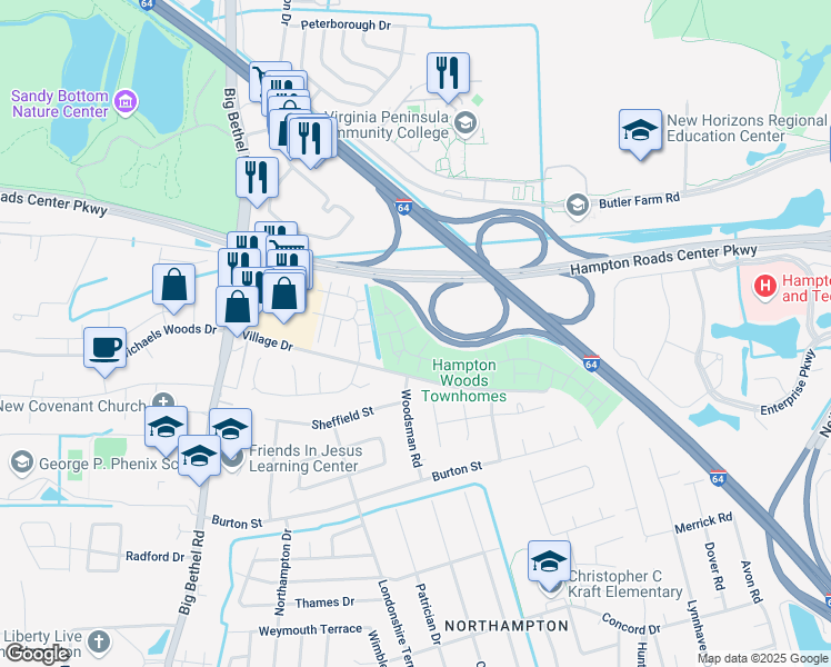 map of restaurants, bars, coffee shops, grocery stores, and more near 16 Hackberry Place in Hampton