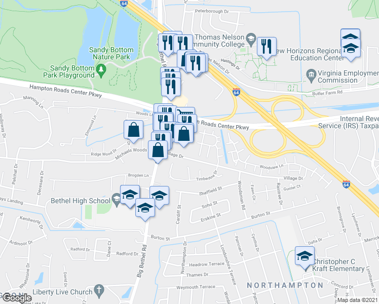 map of restaurants, bars, coffee shops, grocery stores, and more near 1124 Big Bethel Road in Hampton