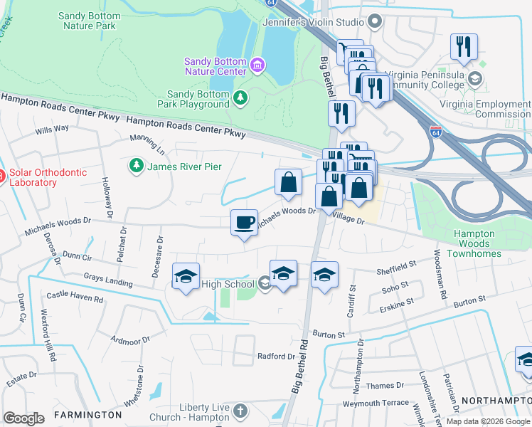 map of restaurants, bars, coffee shops, grocery stores, and more near 33 Ridge Wood Drive in Hampton
