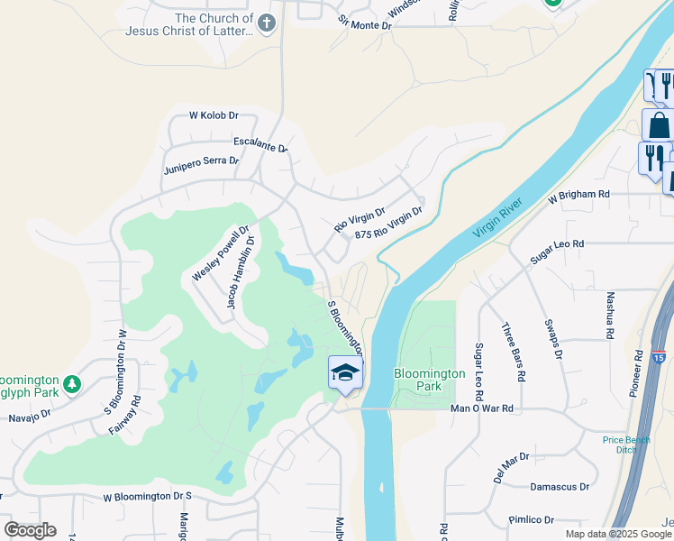 map of restaurants, bars, coffee shops, grocery stores, and more near 875 Rio Virgin Drive in St. George