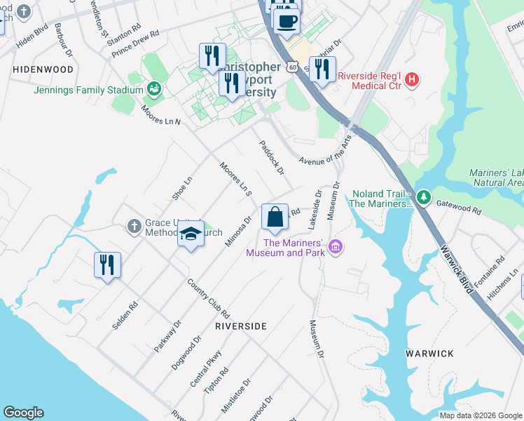 map of restaurants, bars, coffee shops, grocery stores, and more near 42 Moores Lane North in Newport News