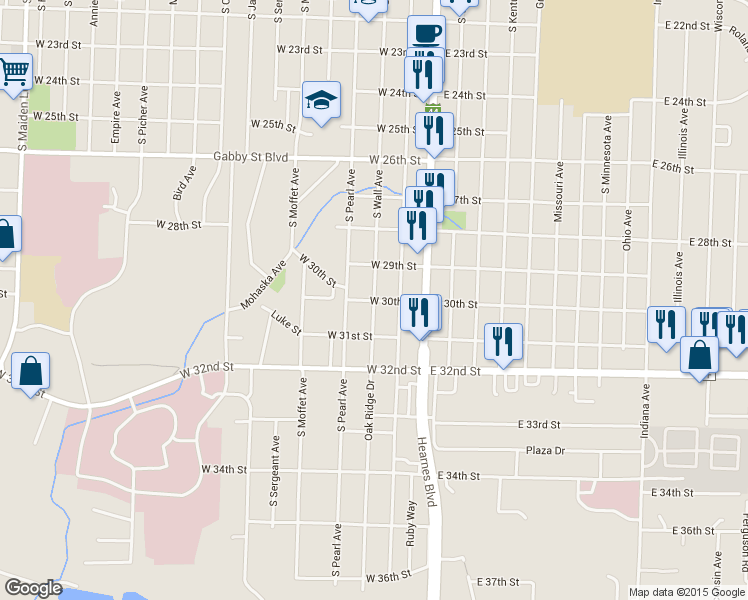map of restaurants, bars, coffee shops, grocery stores, and more near 299 West 30th Street in Joplin