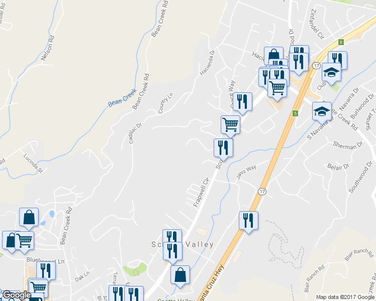 map of restaurants, bars, coffee shops, grocery stores, and more near 81 Grace Way in Scotts Valley