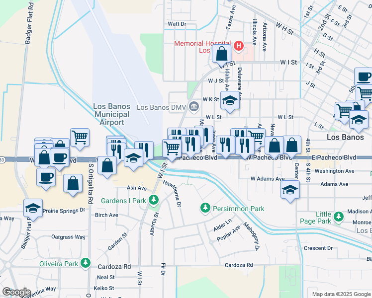 map of restaurants, bars, coffee shops, grocery stores, and more near 828 W Pacheco Blvd in Los Banos