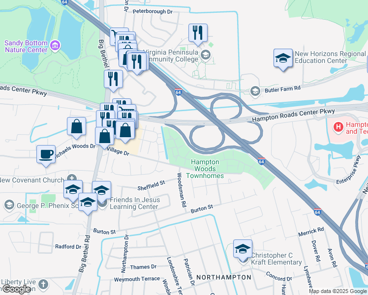 map of restaurants, bars, coffee shops, grocery stores, and more near 16 Hackberry Place in Hampton