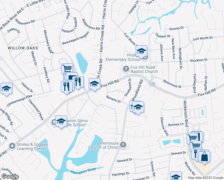 map of restaurants, bars, coffee shops, grocery stores, and more near 5 Winnard Road in Hampton