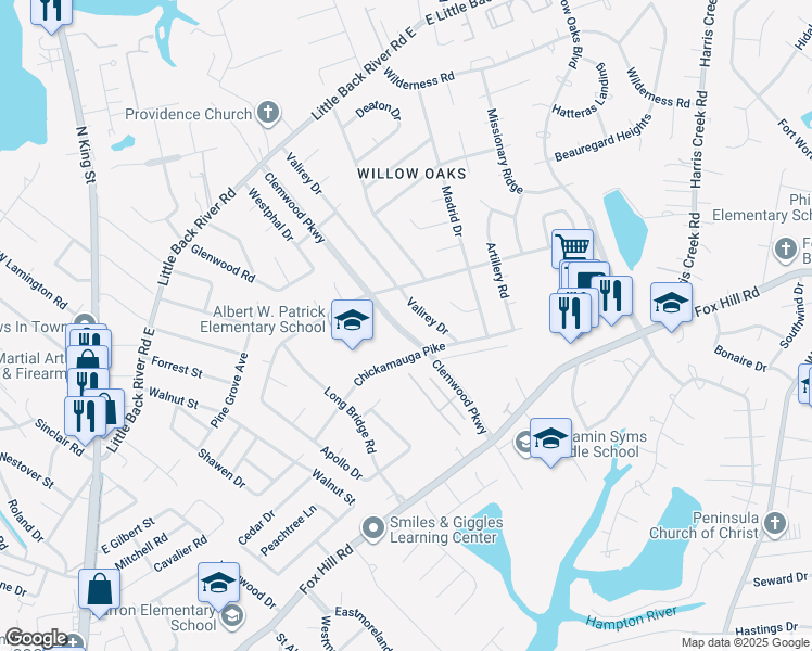 map of restaurants, bars, coffee shops, grocery stores, and more near 213 Clemwood Parkway in Hampton