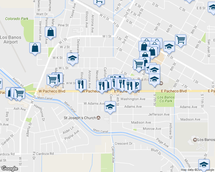 map of restaurants, bars, coffee shops, grocery stores, and more near 1262 California Avenue in Los Banos