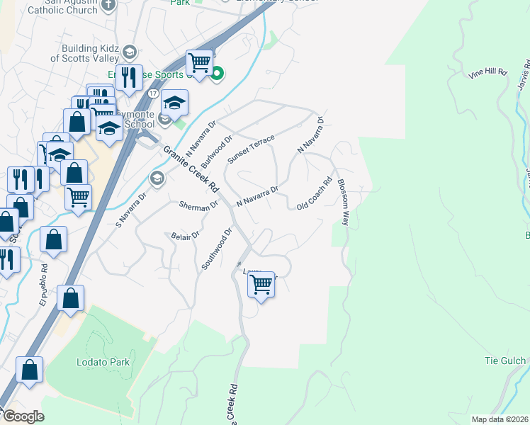 map of restaurants, bars, coffee shops, grocery stores, and more near 9 Sunset Terrace in Scotts Valley