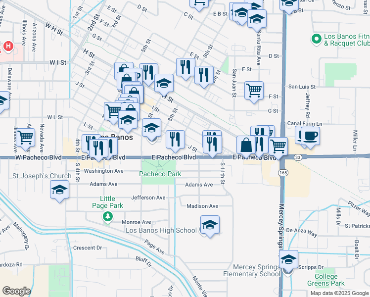map of restaurants, bars, coffee shops, grocery stores, and more near 1024 9th Street in Los Banos