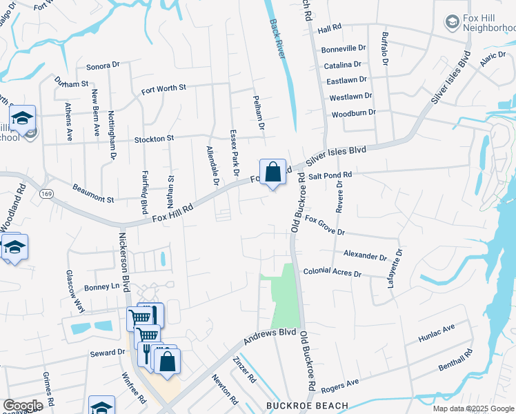map of restaurants, bars, coffee shops, grocery stores, and more near 6 Wooded Hill Drive in Hampton