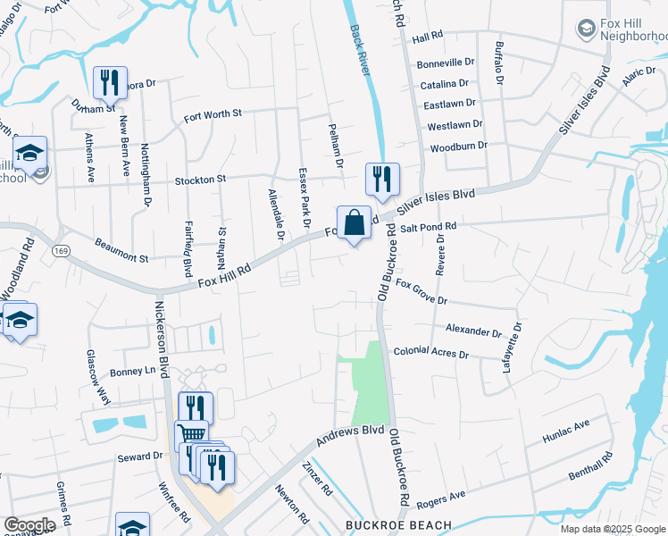 map of restaurants, bars, coffee shops, grocery stores, and more near 6 Wooded Hill Drive in Hampton