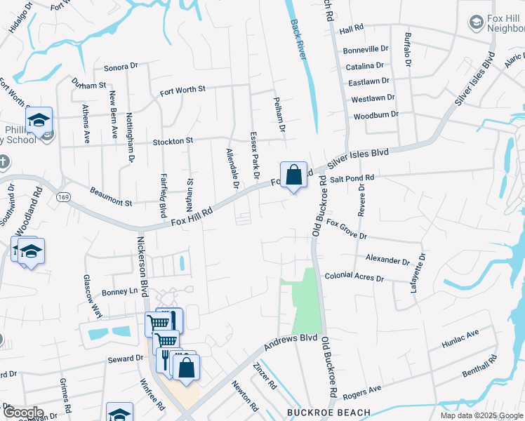 map of restaurants, bars, coffee shops, grocery stores, and more near 6 Wooded Hill Drive in Hampton