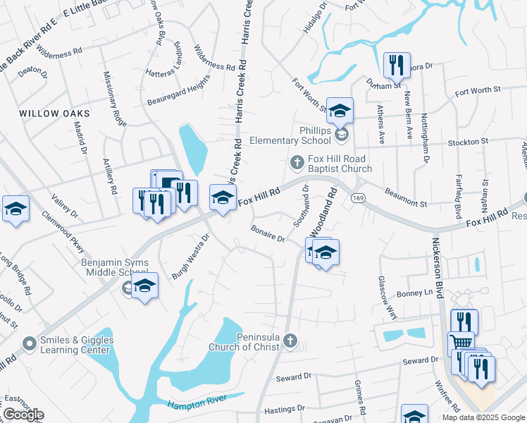 map of restaurants, bars, coffee shops, grocery stores, and more near 5 Winnard Road in Hampton