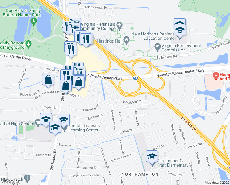 map of restaurants, bars, coffee shops, grocery stores, and more near 16 Hackberry Place in Hampton