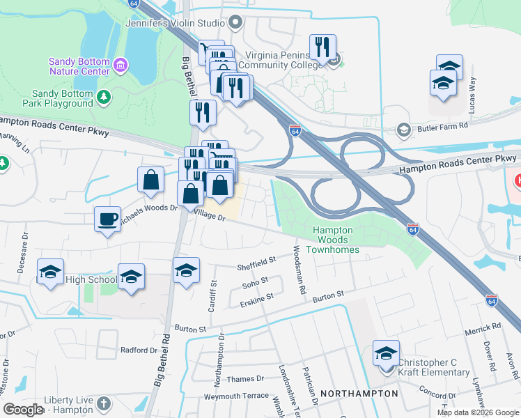 map of restaurants, bars, coffee shops, grocery stores, and more near 6 Tamarisk Quay in Hampton