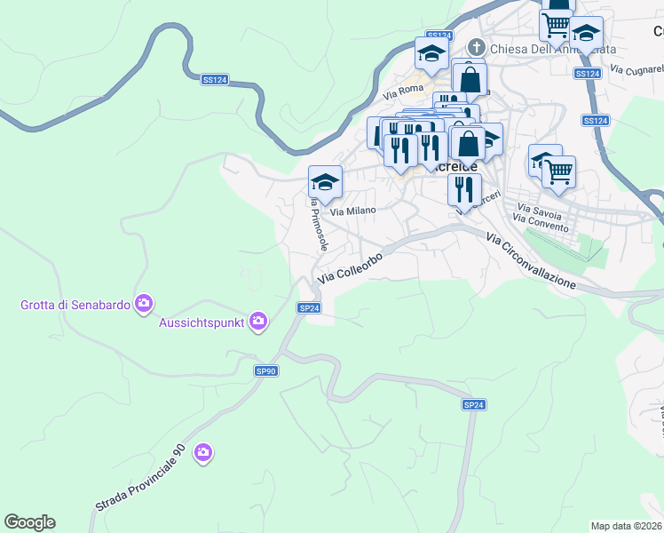 map of restaurants, bars, coffee shops, grocery stores, and more near 35H Via Primosole in Palazzolo Acreide