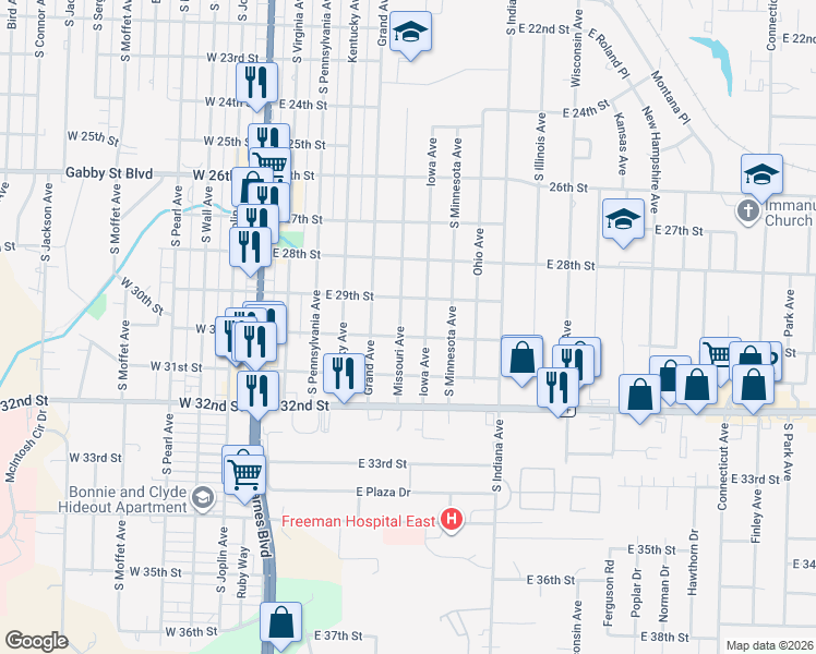 map of restaurants, bars, coffee shops, grocery stores, and more near 2923 Missouri Avenue in Joplin