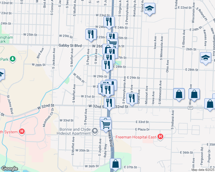 map of restaurants, bars, coffee shops, grocery stores, and more near 2928 South Main Street in Joplin