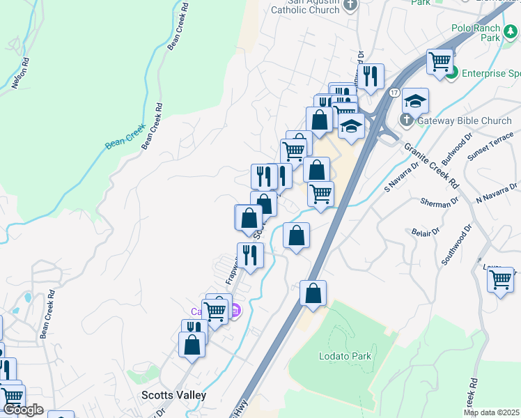 map of restaurants, bars, coffee shops, grocery stores, and more near 5297 Scotts Valley Drive in Scotts Valley