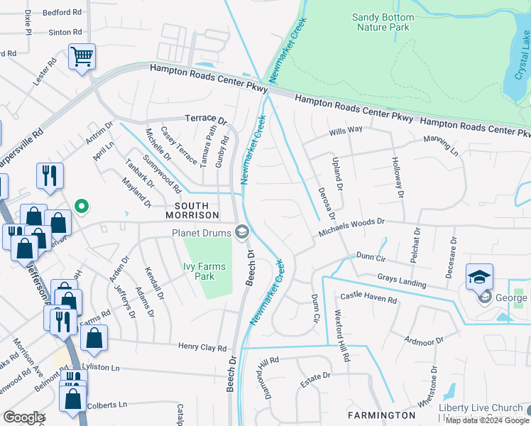 map of restaurants, bars, coffee shops, grocery stores, and more near 526 Dunn Circle in Hampton
