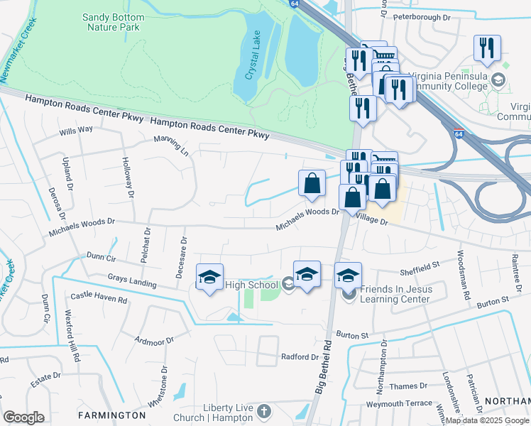 map of restaurants, bars, coffee shops, grocery stores, and more near 205 Alder Wood Drive in Hampton