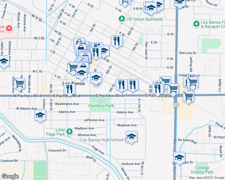 map of restaurants, bars, coffee shops, grocery stores, and more near 1024 9th Street in Los Banos