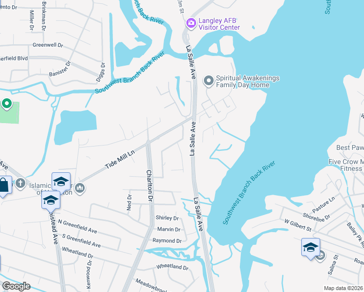map of restaurants, bars, coffee shops, grocery stores, and more near 11 Towler Drive in Hampton
