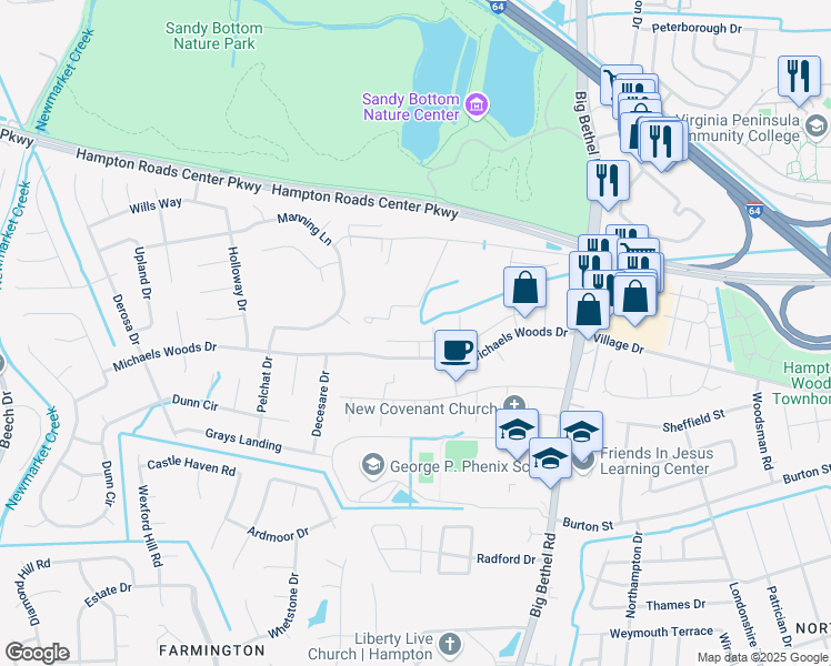 map of restaurants, bars, coffee shops, grocery stores, and more near 202 Ridge Wood Drive in Hampton
