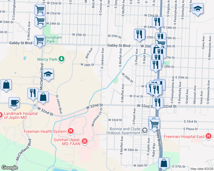 map of restaurants, bars, coffee shops, grocery stores, and more near 3020 Mohaska Avenue in Joplin