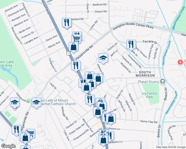 map of restaurants, bars, coffee shops, grocery stores, and more near 69 Regency Square in Newport News
