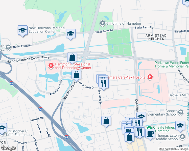 map of restaurants, bars, coffee shops, grocery stores, and more near 1416 Crispell Court in Hampton