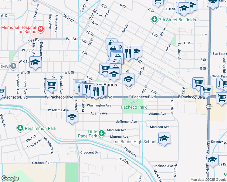 map of restaurants, bars, coffee shops, grocery stores, and more near 659 K Street in Los Banos