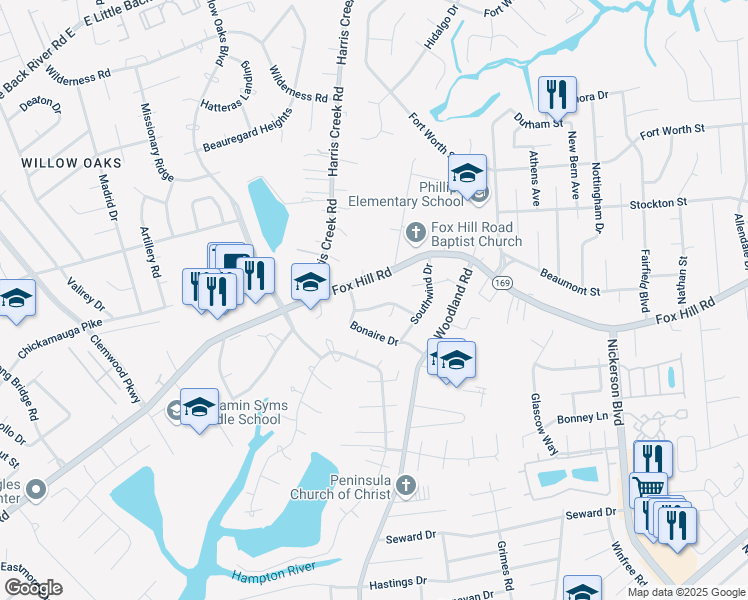 map of restaurants, bars, coffee shops, grocery stores, and more near 9 Winnard Road in Hampton