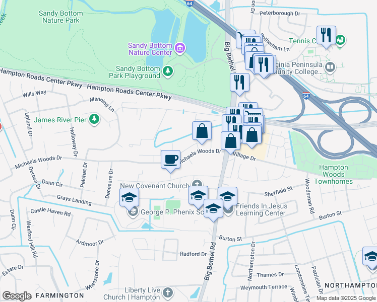 map of restaurants, bars, coffee shops, grocery stores, and more near 33 Ridge Wood Drive in Hampton