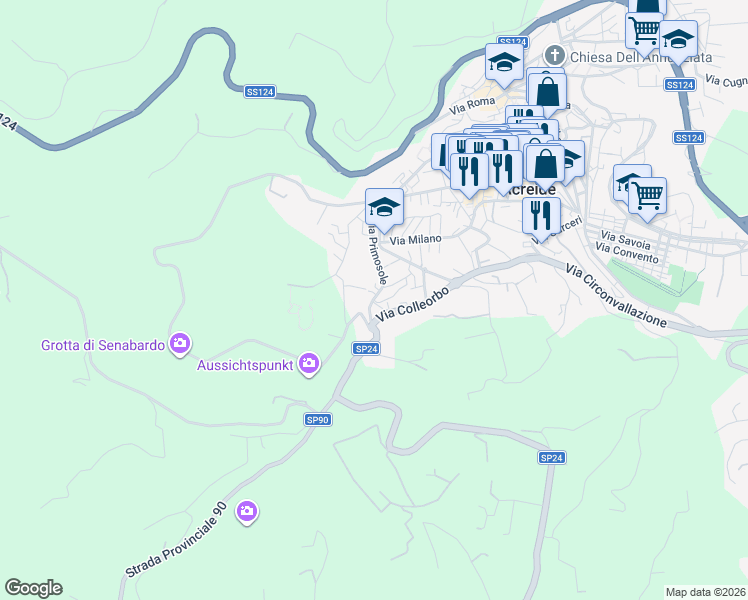 map of restaurants, bars, coffee shops, grocery stores, and more near 35H Via Primosole in Palazzolo Acreide