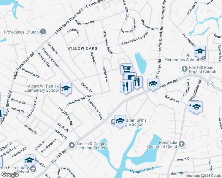 map of restaurants, bars, coffee shops, grocery stores, and more near 229 Chickamauga Pike in Hampton