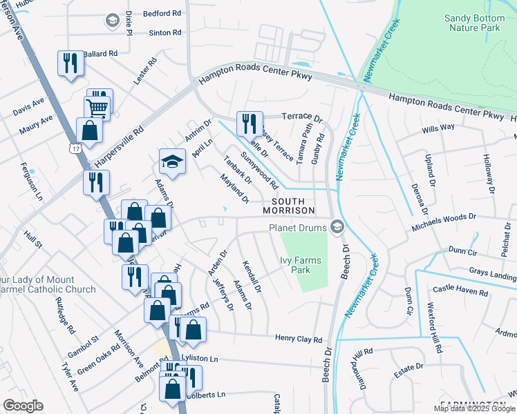 map of restaurants, bars, coffee shops, grocery stores, and more near 740 Mayland Drive in Newport News