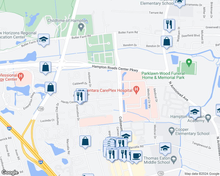 map of restaurants, bars, coffee shops, grocery stores, and more near 1301 Curtin Court in Hampton