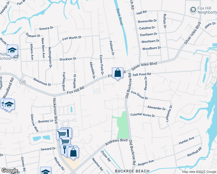 map of restaurants, bars, coffee shops, grocery stores, and more near 6 Wooded Hill Dr in Hampton