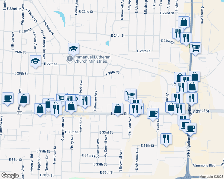 map of restaurants, bars, coffee shops, grocery stores, and more near 2909 South Patterson Avenue in Joplin