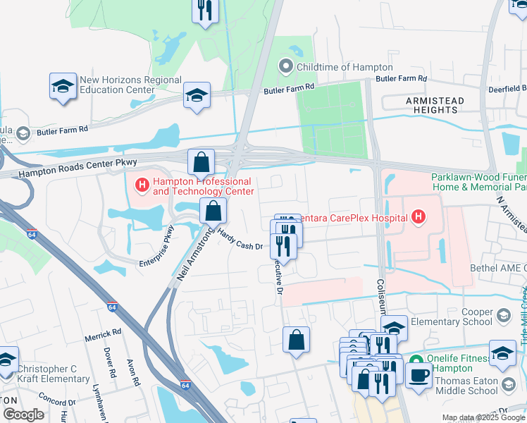 map of restaurants, bars, coffee shops, grocery stores, and more near 1416 Crispell Court in Hampton