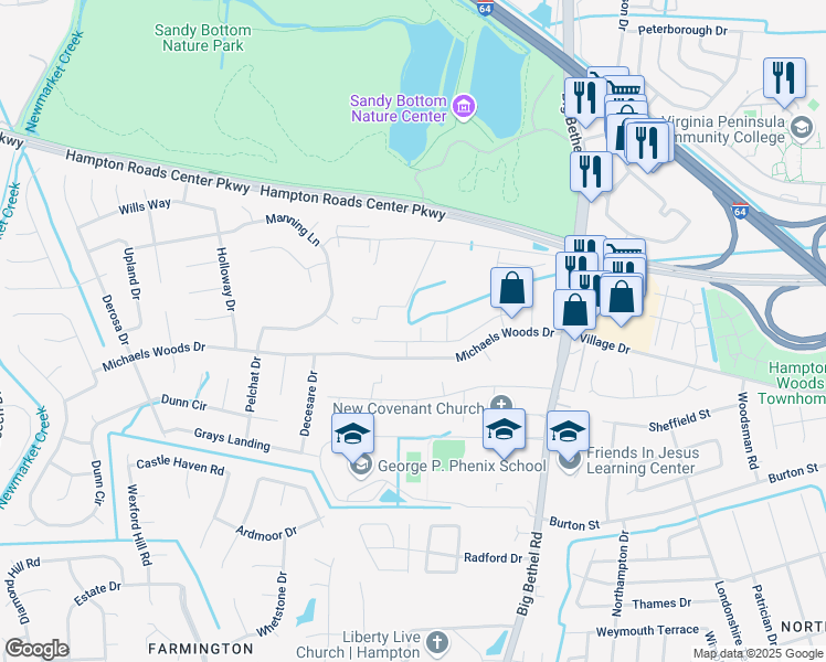 map of restaurants, bars, coffee shops, grocery stores, and more near 202 Ridge Wood Drive in Hampton