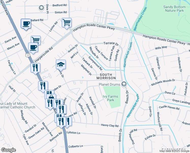 map of restaurants, bars, coffee shops, grocery stores, and more near 740 Mayland Drive in Newport News