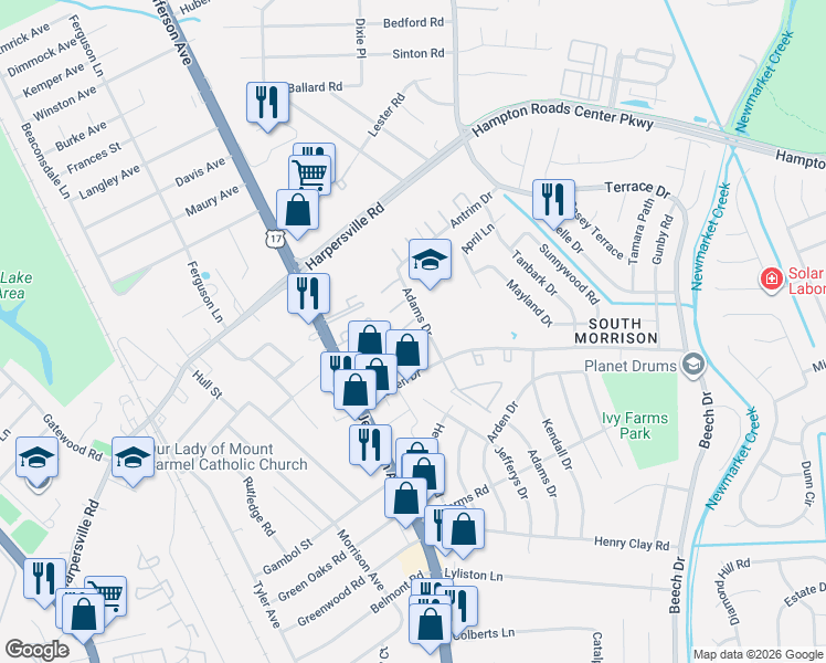 map of restaurants, bars, coffee shops, grocery stores, and more near 705 Adams Drive in Newport News
