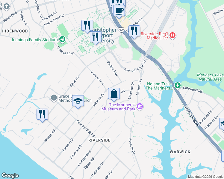 map of restaurants, bars, coffee shops, grocery stores, and more near 42 Moores Lane North in Newport News